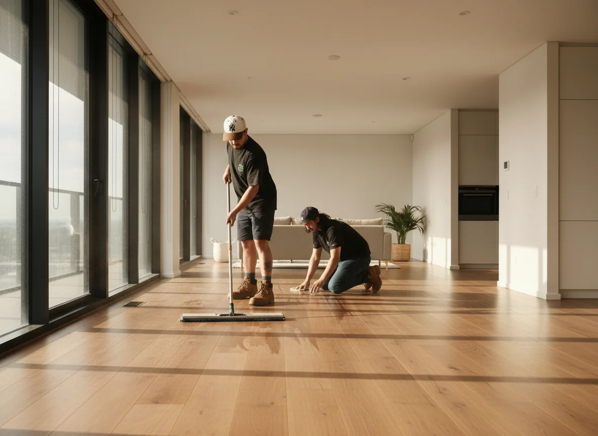 Floor cleaning: sweeping, vacuuming, and mopping to remove paint residue and dust