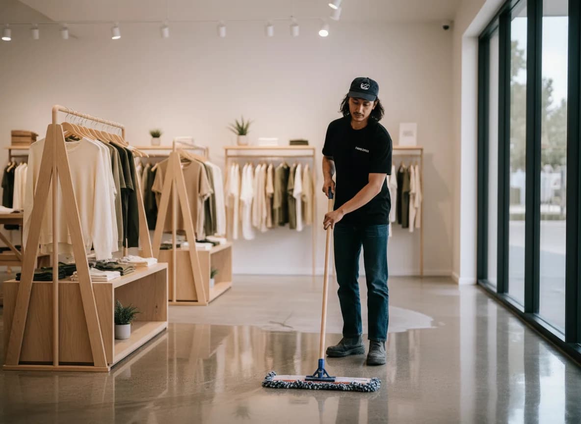 High-traffic floor maintenance (vacuum/mop/buff)